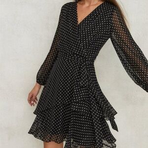 Tahari Arthur S. Levine Black Polka-Dot Long Sleeve Ruffled Mini Dress Size 4